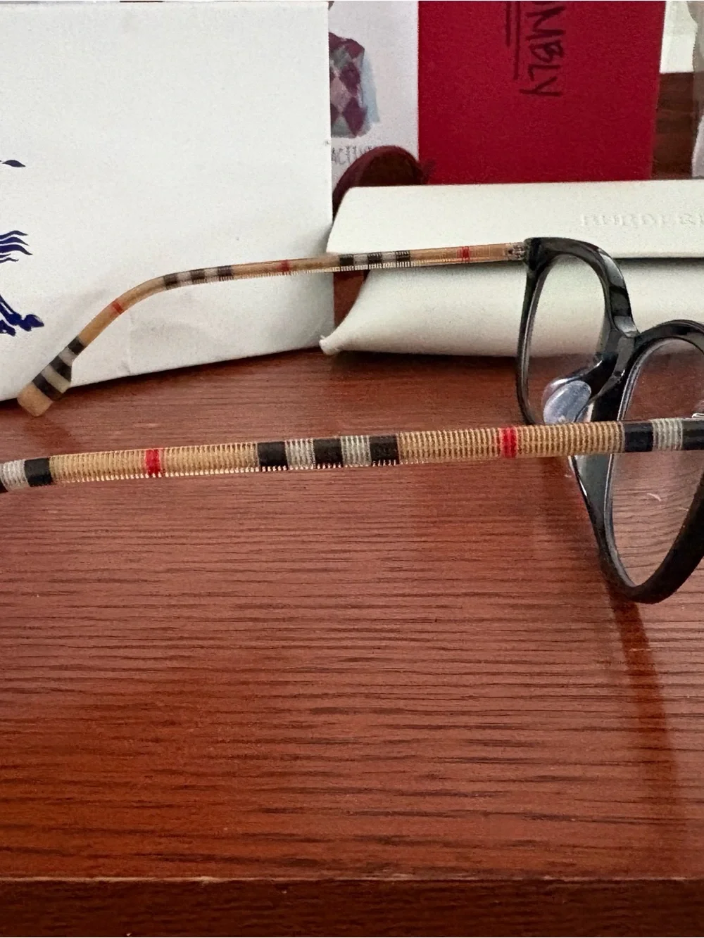 Burberry Black Cat-Eye Glasses with Signature Check Temples-lenses not included